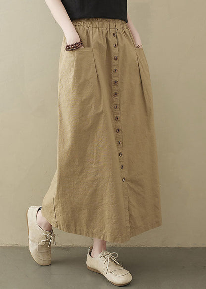 Style Khaki Elastic Waist Buttons Cotton A Line Skirt Summer LY1544 - fabuloryshop