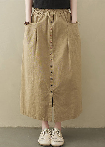 Style Khaki Elastic Waist Buttons Cotton A Line Skirt Summer LY1544 - fabuloryshop