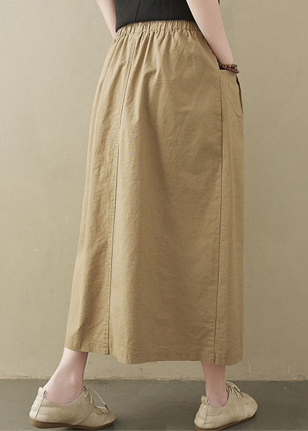 Style Khaki Elastic Waist Buttons Cotton A Line Skirt Summer LY1544 - fabuloryshop