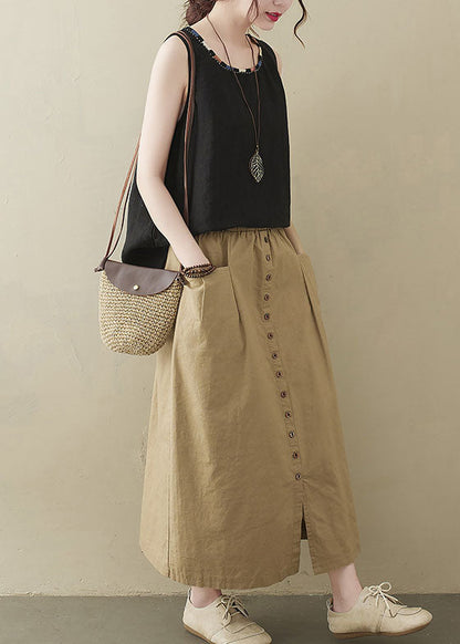 Style Khaki Elastic Waist Buttons Cotton A Line Skirt Summer LY1544 - fabuloryshop