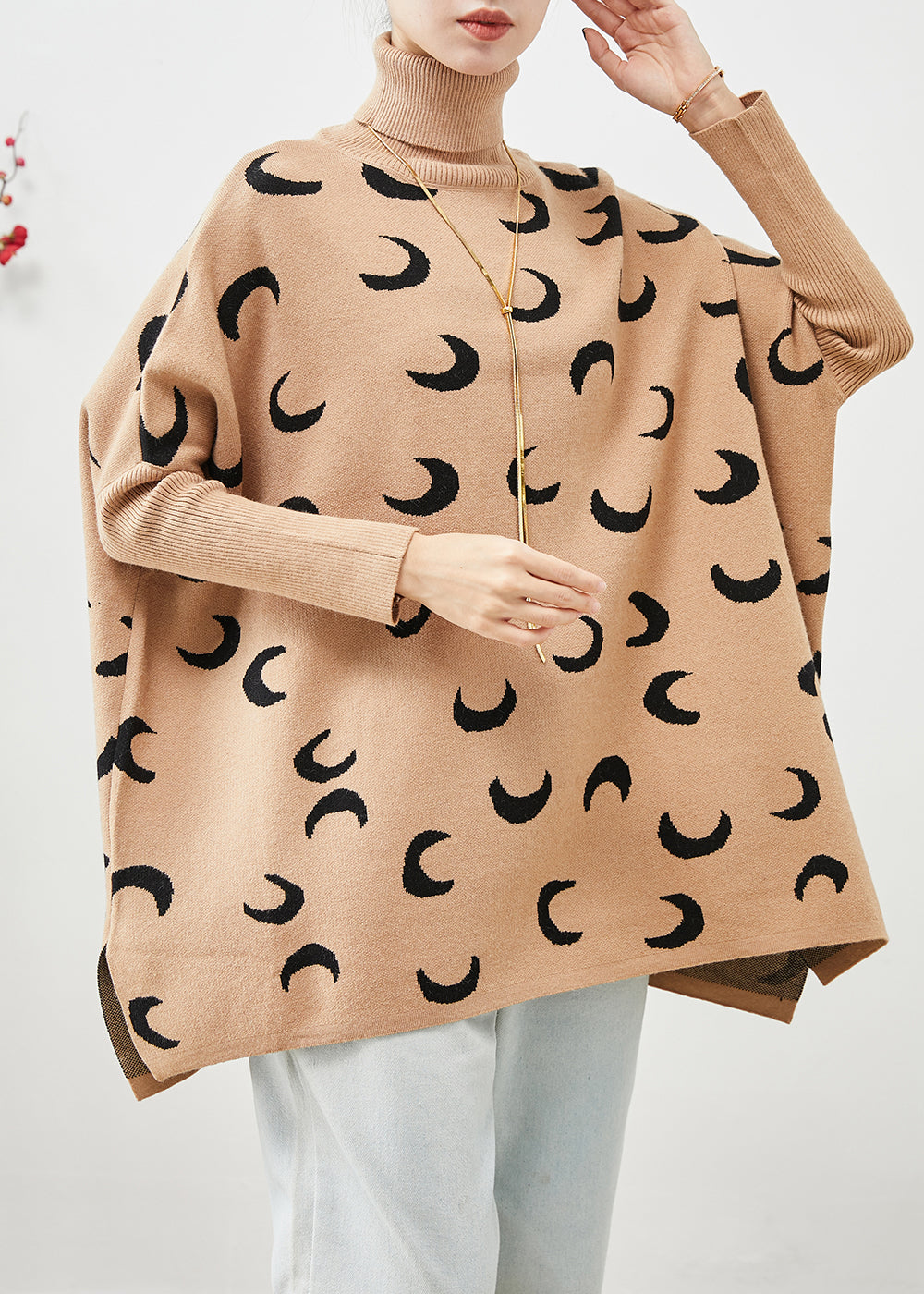 Style Khaki Turtle Neck Oversized Print Knit Sweater Tops Batwing Sleeve Ada Fashion