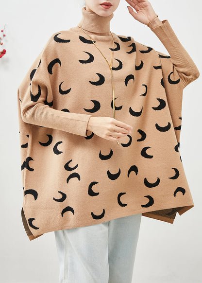 Style Khaki Turtle Neck Oversized Print Knit Sweater Tops Batwing Sleeve Ada Fashion