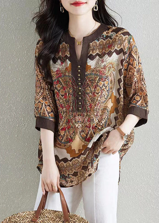 Style Khaki V Neck Print Patchwork Chiffon Shirt Tops Summer TQ1030 - fabuloryshop