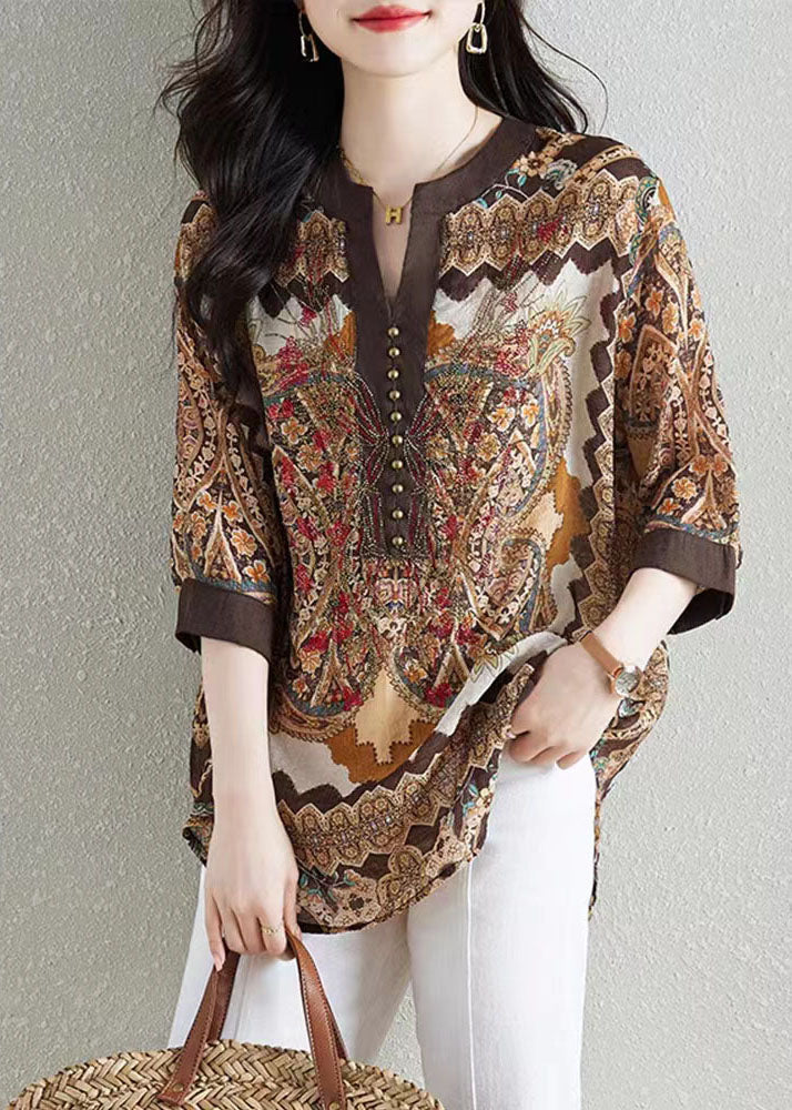 Style Khaki V Neck Print Patchwork Chiffon Shirt Tops Summer Ada Fashion