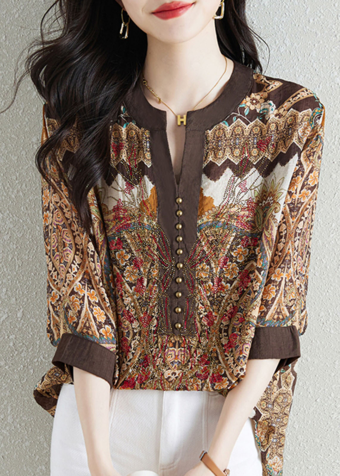 Style Khaki V Neck Print Patchwork Chiffon Shirt Tops Summer Ada Fashion