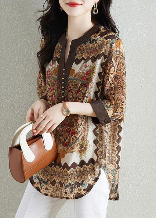 Style Khaki V Neck Print Patchwork Chiffon Shirt Tops Summer Ada Fashion