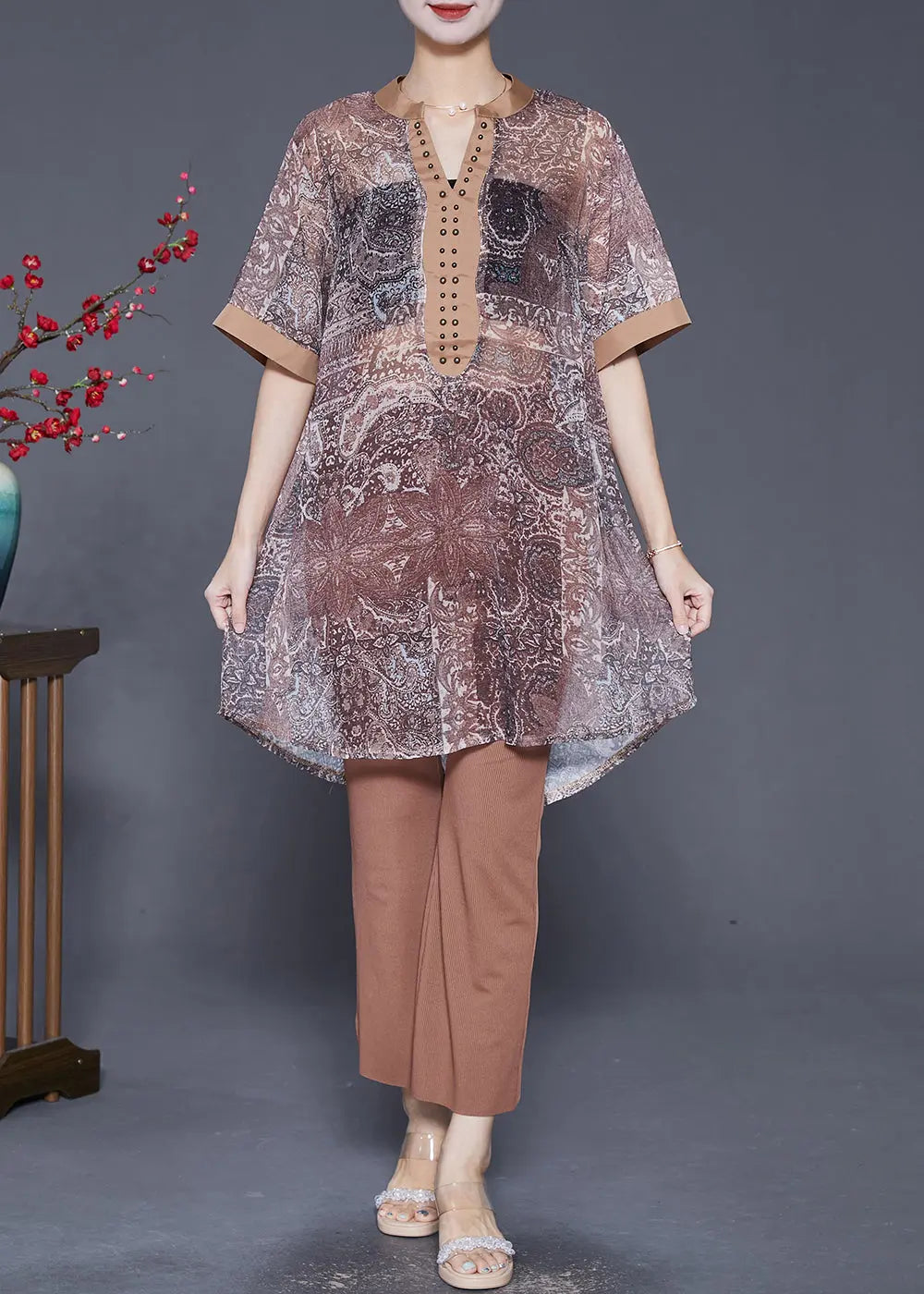 Style Khaki V Neck Print Rivet Chiffon Two Pieces Set Summer Ada Fashion