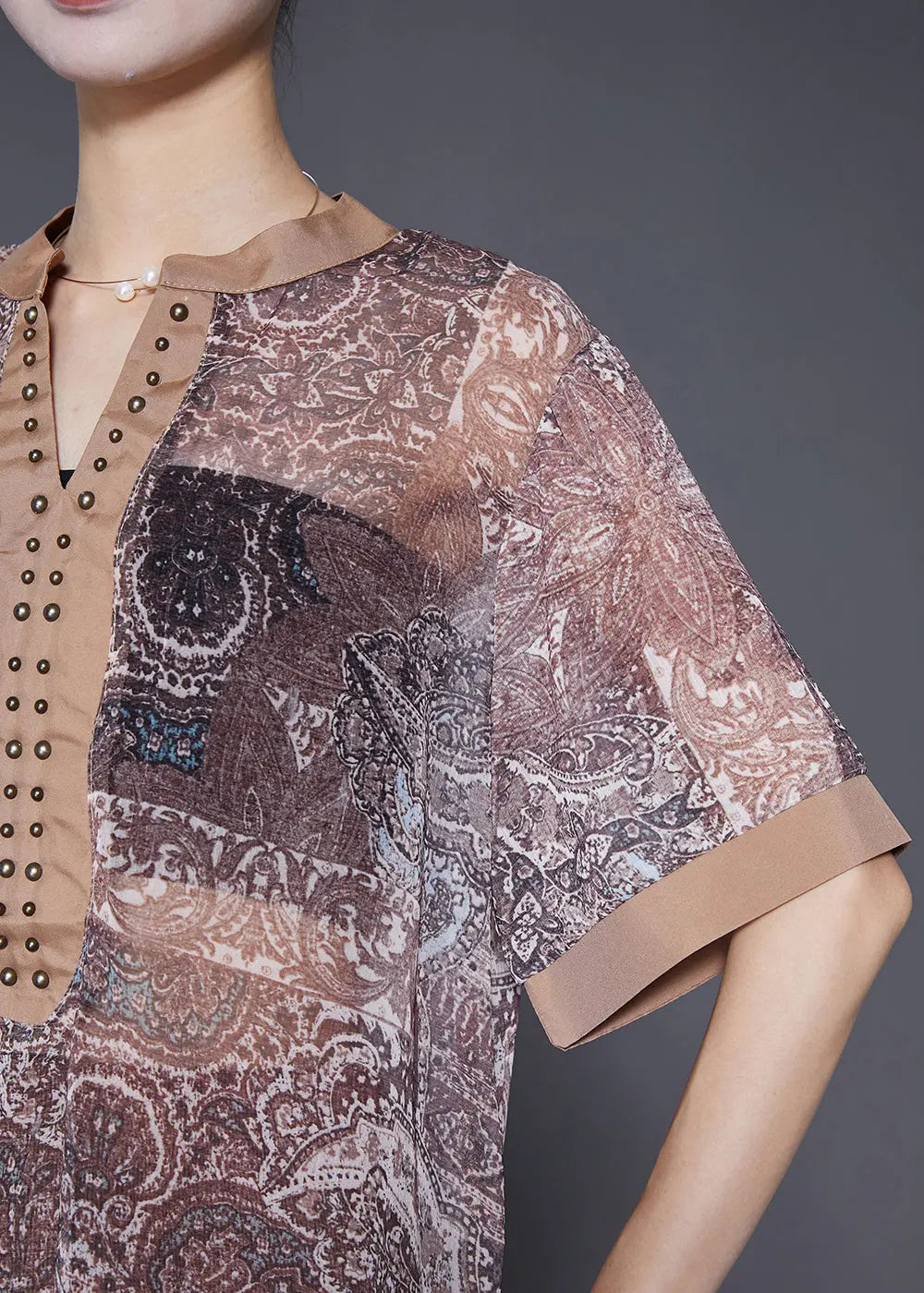 Style Khaki V Neck Print Rivet Chiffon Two Pieces Set Summer Ada Fashion