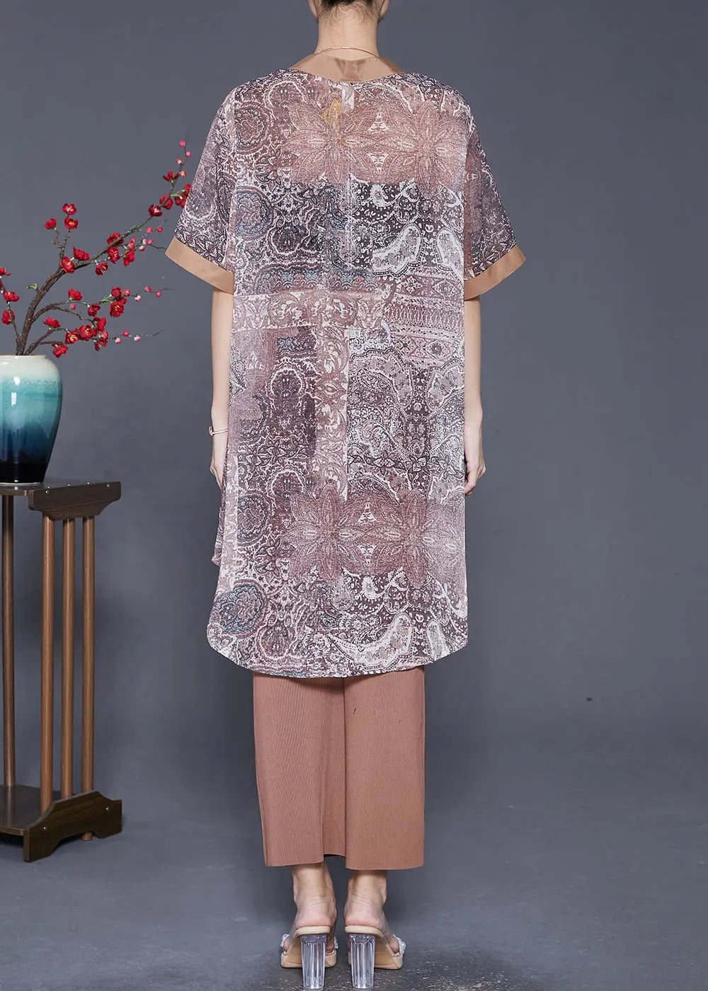 Style Khaki V Neck Print Rivet Chiffon Two Pieces Set Summer Ada Fashion