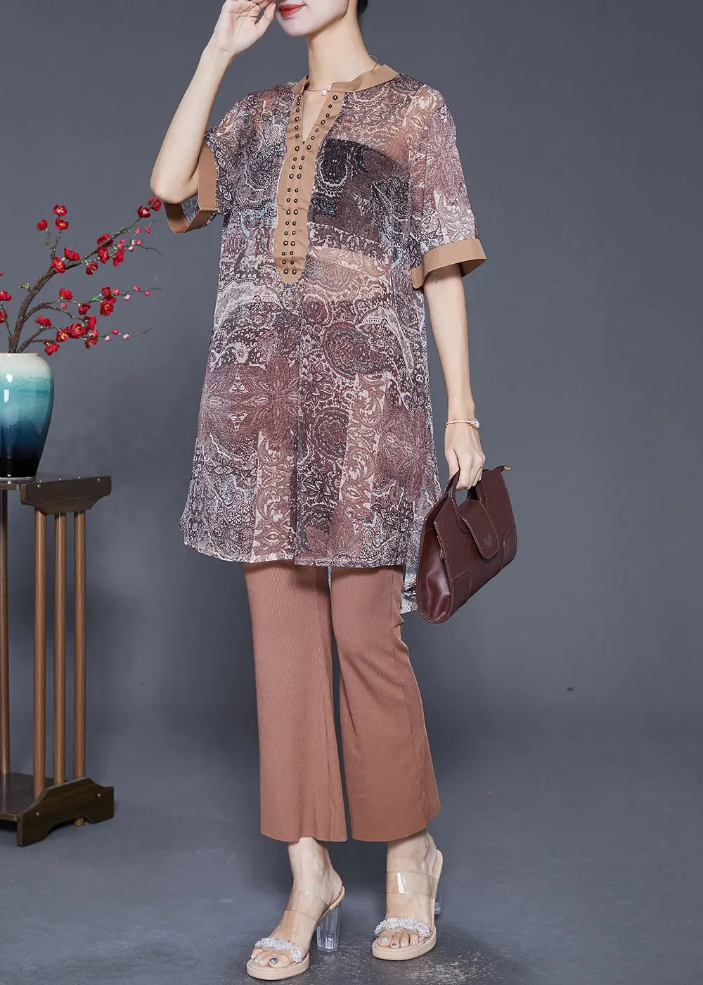 Style Khaki V Neck Print Rivet Chiffon Two Pieces Set Summer Ada Fashion