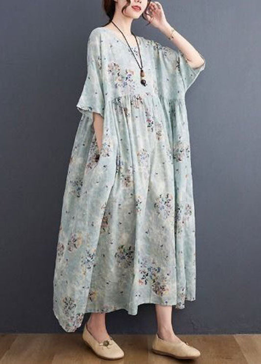 Style Light Blue Oversized Print Exra Large Hem Cotton A Line Dress Summer LY0541 - fabuloryshop