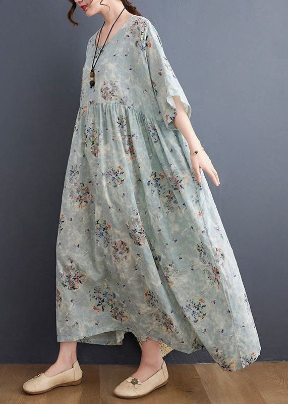 Style Light Blue Oversized Print Exra Large Hem Cotton A Line Dress Summer LY0541 - fabuloryshop