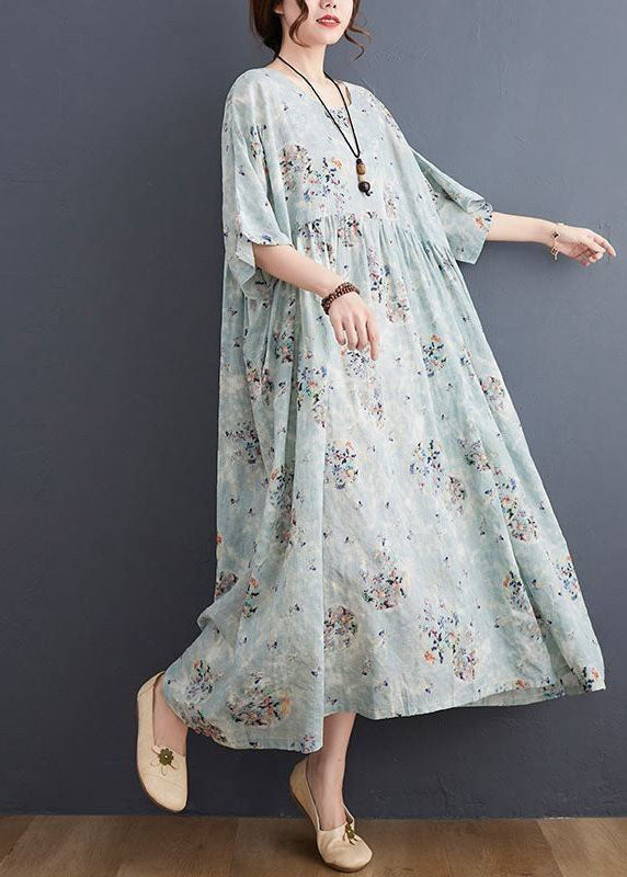 Style Light Blue Oversized Print Exra Large Hem Cotton A Line Dress Summer LY0541 - fabuloryshop