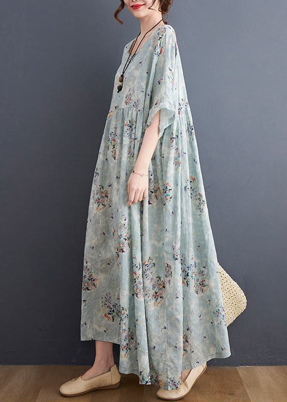 Style Light Blue Oversized Print Exra Large Hem Cotton A Line Dress Summer LY0541 - fabuloryshop