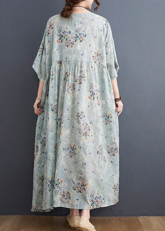 Style Light Blue Oversized Print Exra Large Hem Cotton A Line Dress Summer LY0541 - fabuloryshop