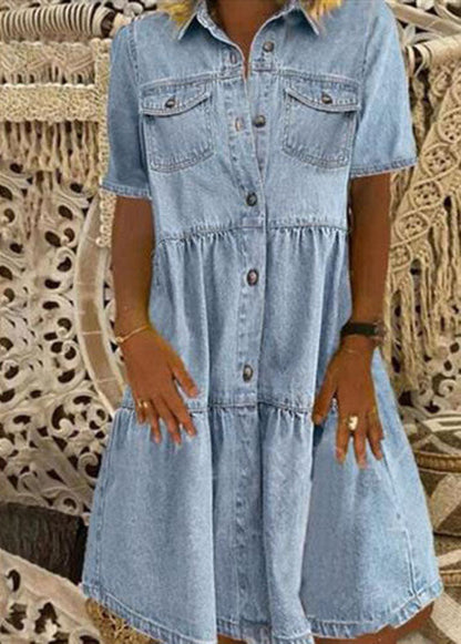 Style Light Blue Peter Pan Collar Wrinkled Patchwork Denim Mid Dress Summer LY3937 - fabuloryshop