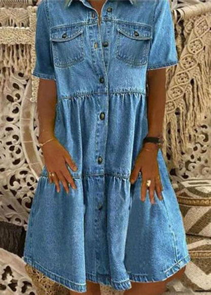 Style Light Blue Peter Pan Collar Wrinkled Patchwork Denim Mid Dress Summer LY3937 - fabuloryshop