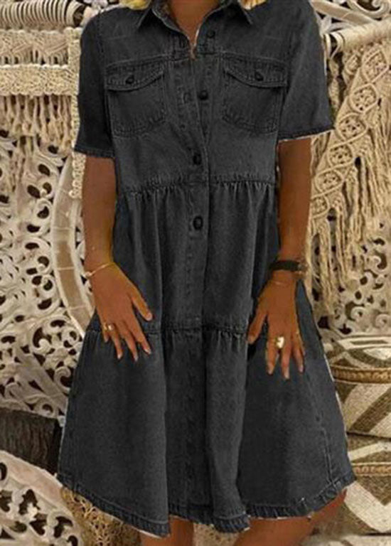 Style Light Blue Peter Pan Collar Wrinkled Patchwork Denim Mid Dress Summer LY3937 - fabuloryshop