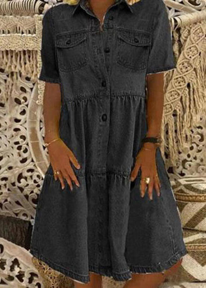 Style Light Blue Peter Pan Collar Wrinkled Patchwork Denim Mid Dress Summer LY3937 - fabuloryshop