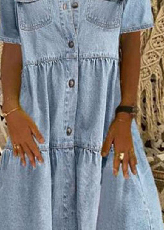 Style Light Blue Peter Pan Collar Wrinkled Patchwork Denim Mid Dress Summer LY3937 - fabuloryshop