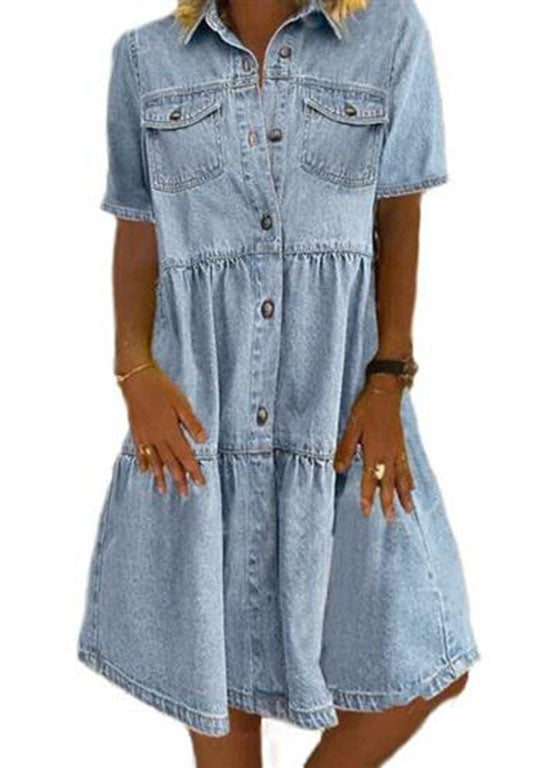 Style Light Blue Peter Pan Collar Wrinkled Patchwork Denim Mid Dress Summer LY3937 - fabuloryshop