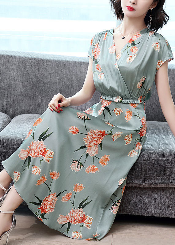 Style Light Green Cinched Print Silk Vacation Dresses Summer LC0079 - fabuloryshop
