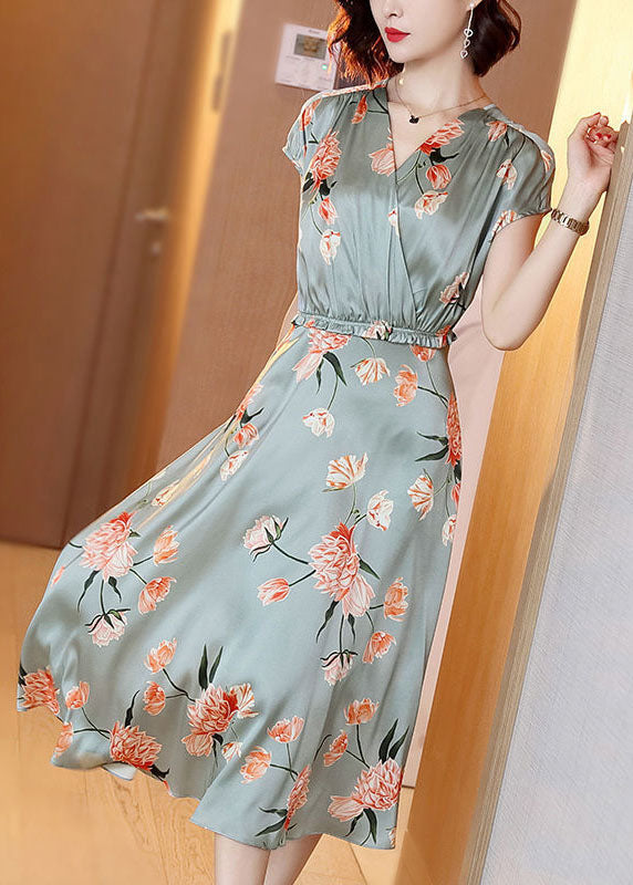 Style Light Green Cinched Print Silk Vacation Dresses Summer LC0079 - fabuloryshop