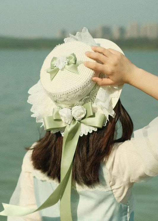 Style Light Green Lace Bow Floral Straw Woven Sun Hat LC0540 - fabuloryshop