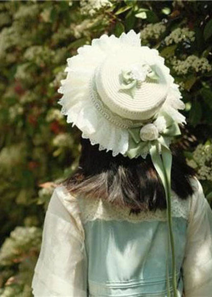 Style Light Green Lace Bow Floral Straw Woven Sun Hat LC0540 - fabuloryshop