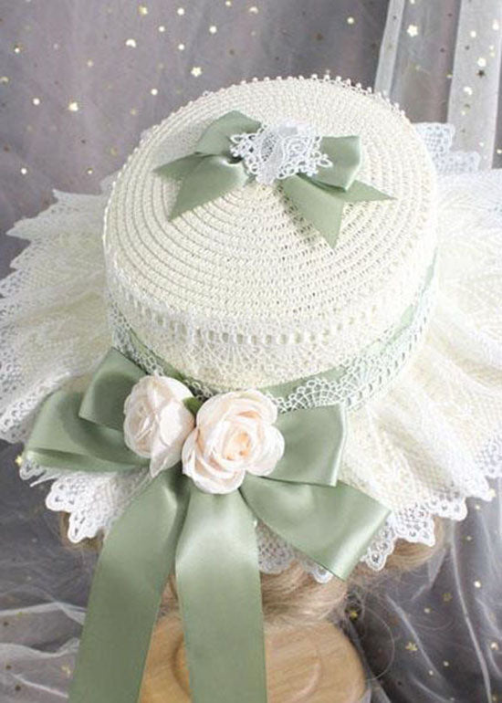 Style Light Green Lace Bow Floral Straw Woven Sun Hat LC0540 - fabuloryshop
