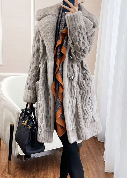 Style Light Grey Button Pockets Patchwork Mink Hair Knitted Coat Fall Ada Fashion