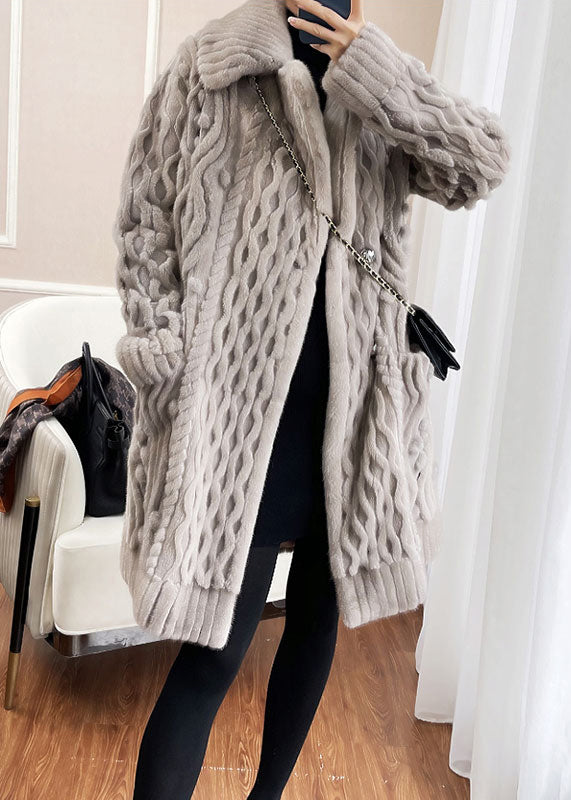 Style Light Grey Button Pockets Patchwork Mink Hair Knitted Coat Fall Ada Fashion