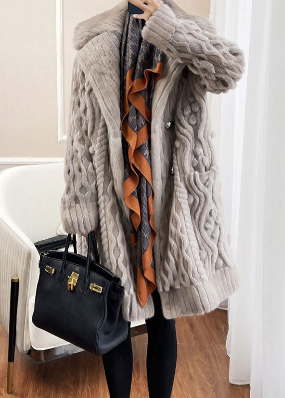 Style Light Grey Button Pockets Patchwork Mink Hair Knitted Coat Fall Ada Fashion