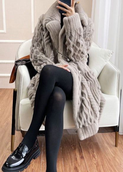 Style Light Grey Button Pockets Patchwork Mink Hair Knitted Coat Fall Ada Fashion