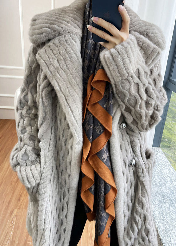 Style Light Grey Button Pockets Patchwork Mink Hair Knitted Coat Fall Ada Fashion