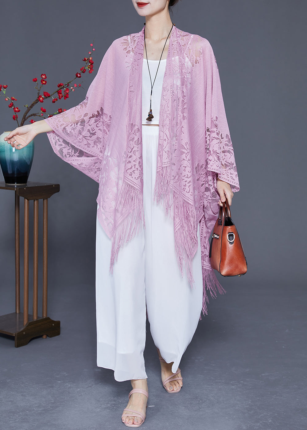 Style Light Purple Hollow Out Tasseled Lace Scarf LY2362 - fabuloryshop