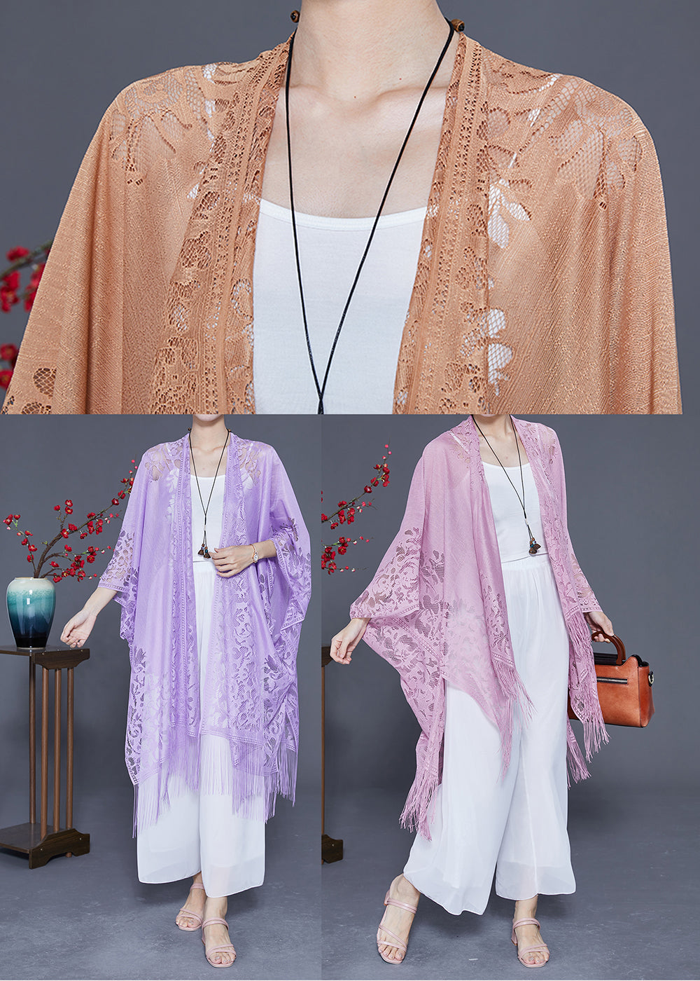 Style Light Purple Hollow Out Tasseled Lace Scarf LY2362 - fabuloryshop