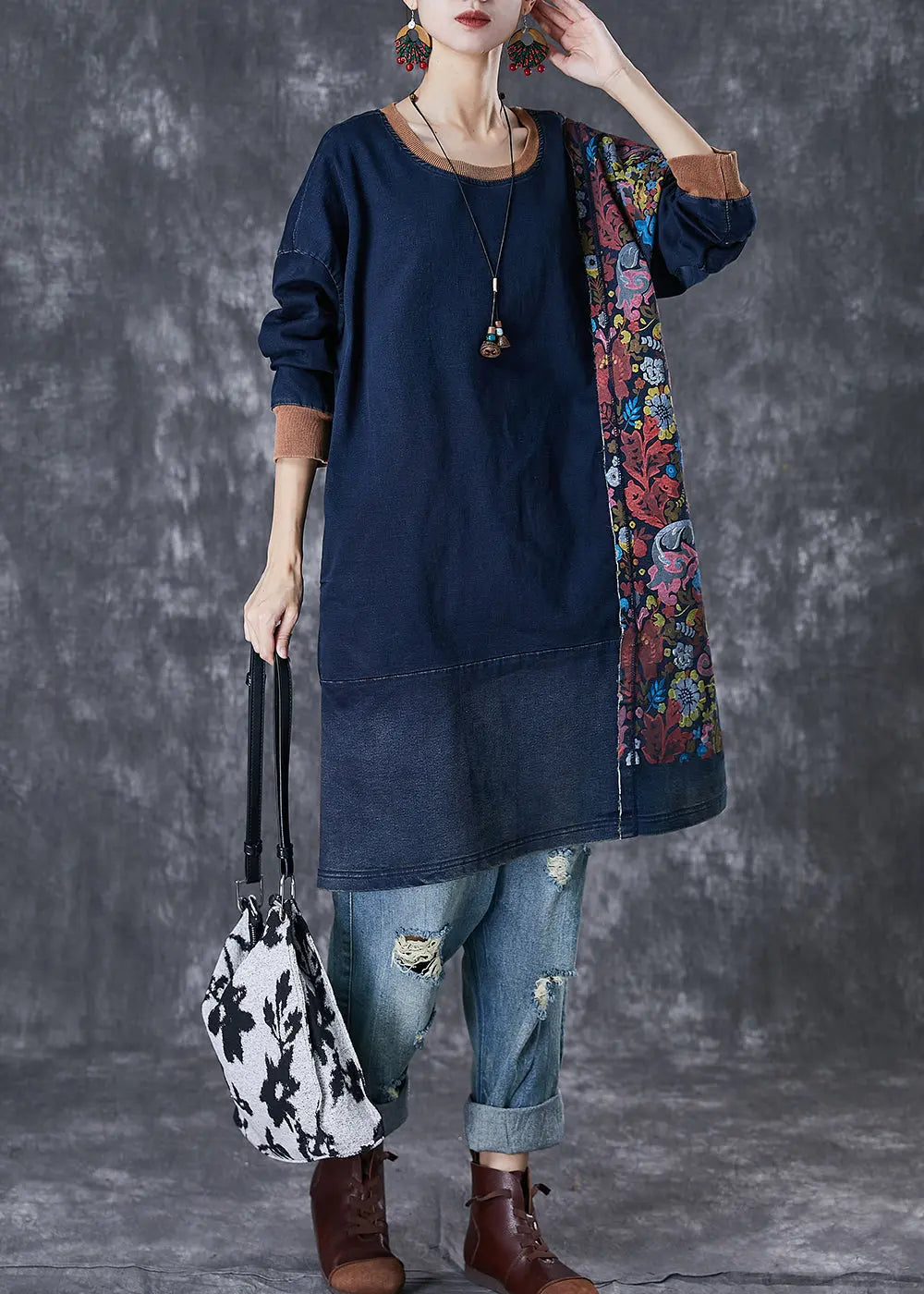 Style Navy Asymmetrical Patchwork Cotton Pullover Streetwear Dress Fall Ada Fashion