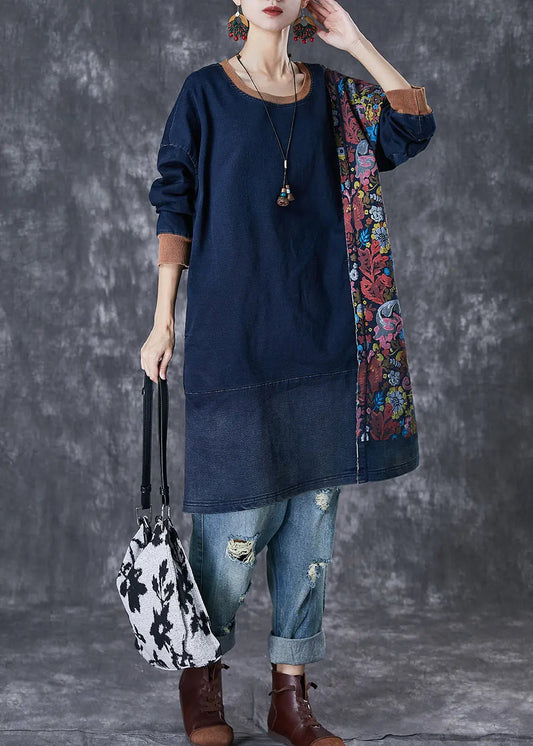 Style Navy Asymmetrical Patchwork Cotton Pullover Streetwear Dress Fall Ada Fashion