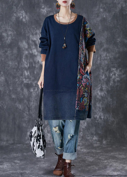 Style Navy Asymmetrical Patchwork Cotton Pullover Streetwear Dress Fall Ada Fashion