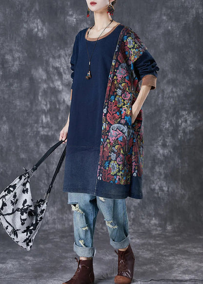 Style Navy Asymmetrical Patchwork Cotton Pullover Streetwear Dress Fall Ada Fashion