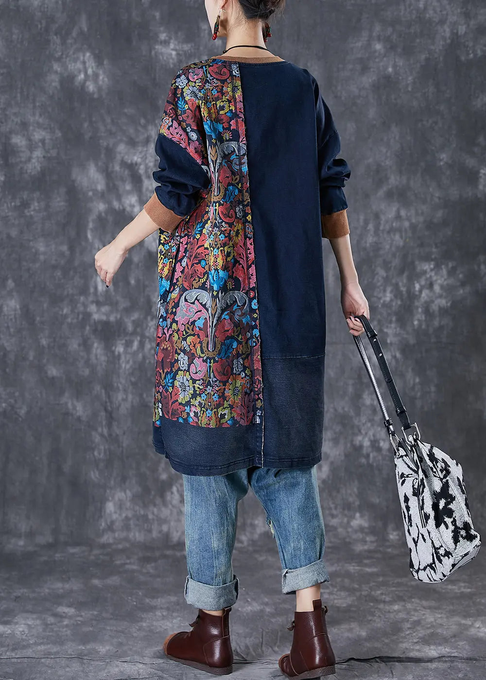 Style Navy Asymmetrical Patchwork Cotton Pullover Streetwear Dress Fall Ada Fashion