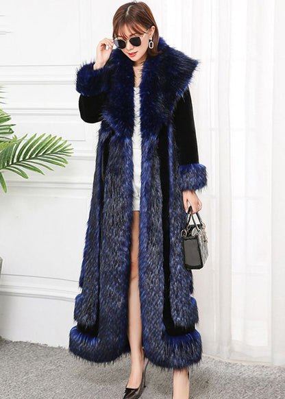 Style Navy Faux Fox Collar Patchwork Silm Fit Faux Fur Coats Winter Ada Fashion