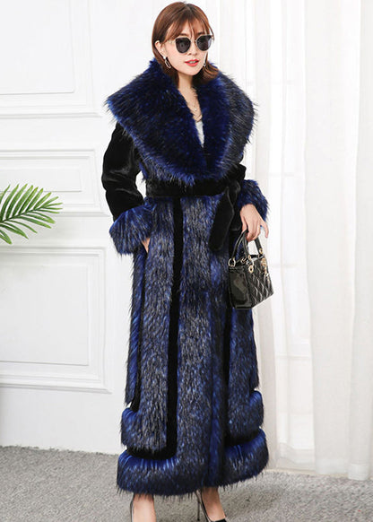 Style Navy Faux Fox Collar Patchwork Silm Fit Faux Fur Coats Winter Ada Fashion