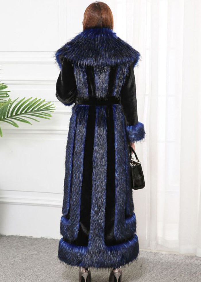 Style Navy Faux Fox Collar Patchwork Silm Fit Faux Fur Coats Winter Ada Fashion