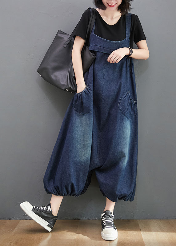 Style Navy Pockets Patchwork Denim Lantern Jumpsuit Summer LY5307 - fabuloryshop