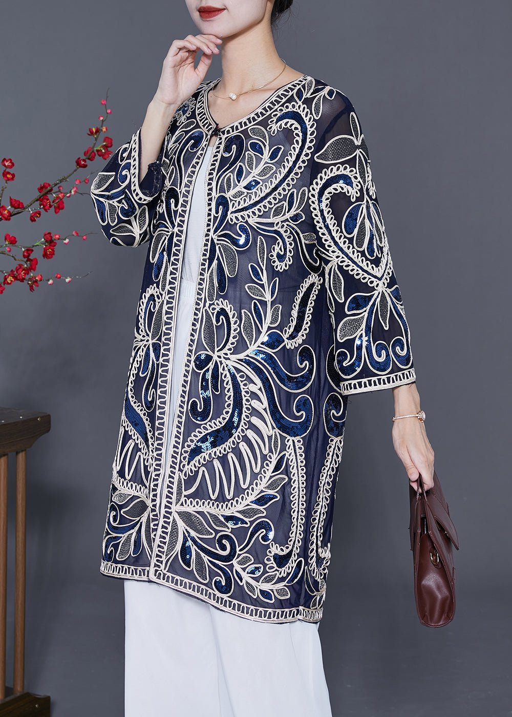 Style Navy Sequins Embroideried Tulle Cardigans Summer LY5563 - fabuloryshop