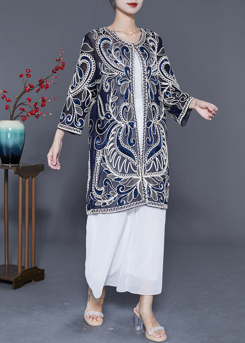 Style Navy Sequins Embroideried Tulle Cardigans Summer LY5563 - fabuloryshop