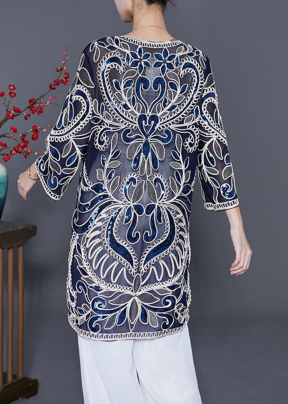 Style Navy Sequins Embroideried Tulle Cardigans Summer LY5563 - fabuloryshop