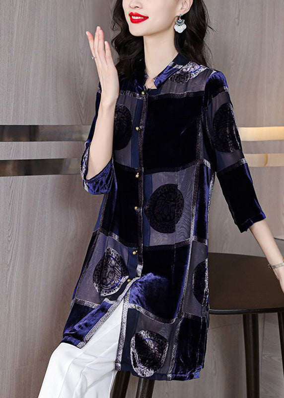 Style Navy Stand Collar Print Chiffon Long Shirt Half Sleeve LY0698 - fabuloryshop